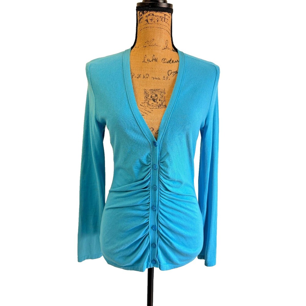 Les Copains Women's Cardigan IT 42 Blue Ruched Button Front Long Sleeve Italy